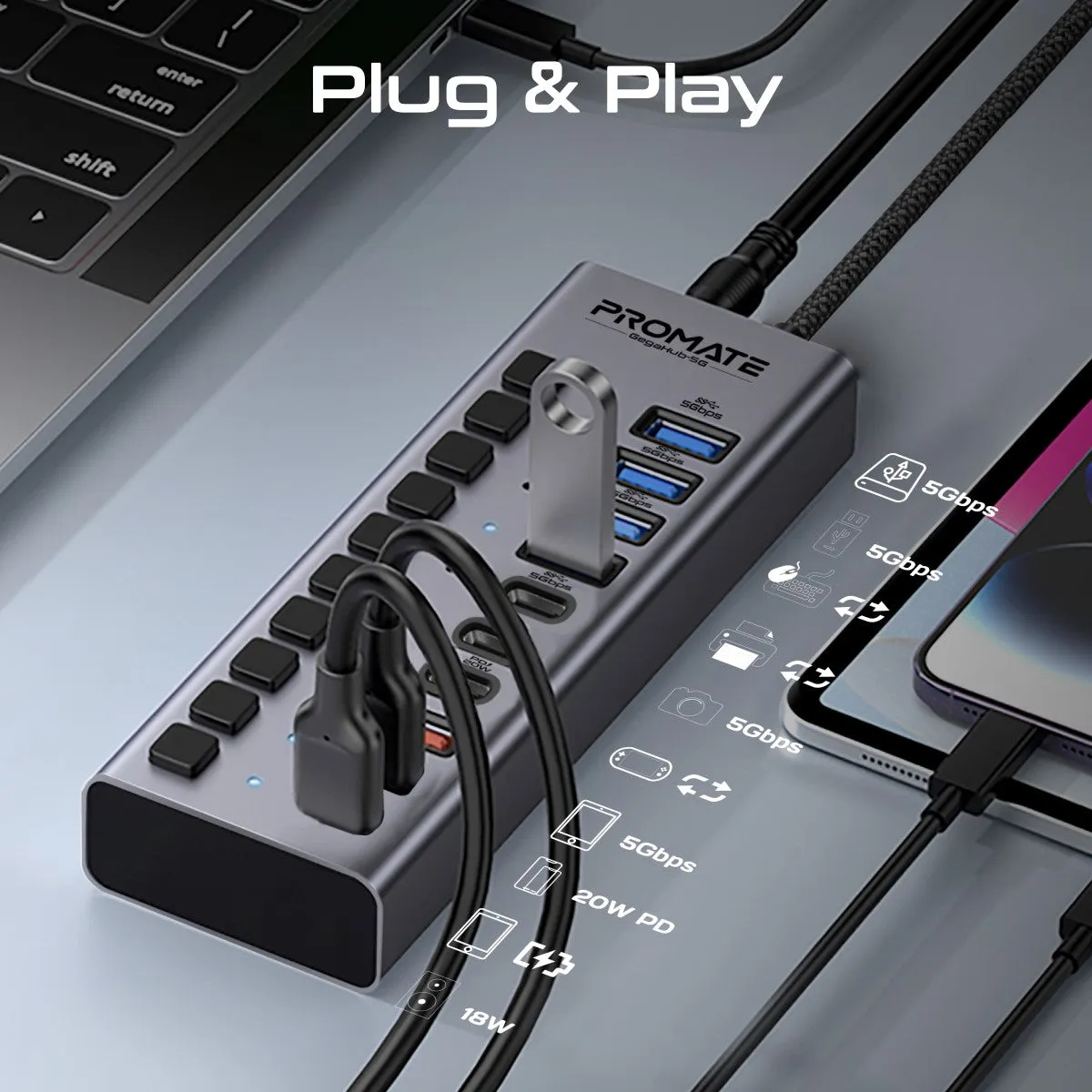 10-in-1 High Speed Multi-Port 5Gbps Data & Charging Hub