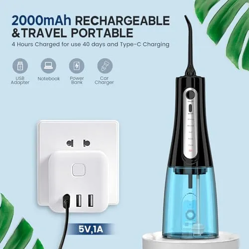 350ML Cordless Water Flosser, Water Dental Flosser Picks for Teeth Cleaning and Flossing with 6 Jet Tips & 5 Pressure Modes, 2000 mAh Rechargeable Powerful Oral Irrigator for Home Travel Use (Black)