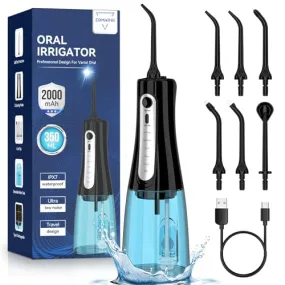 350ML Cordless Water Flosser, Water Dental Flosser Picks for Teeth Cleaning and Flossing with 6 Jet Tips & 5 Pressure Modes, 2000 mAh Rechargeable Powerful Oral Irrigator for Home Travel Use (Black)