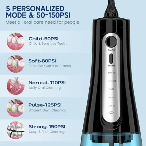 350ML Cordless Water Flosser, Water Dental Flosser Picks for Teeth Cleaning and Flossing with 6 Jet Tips & 5 Pressure Modes, 2000 mAh Rechargeable Powerful Oral Irrigator for Home Travel Use (Black)