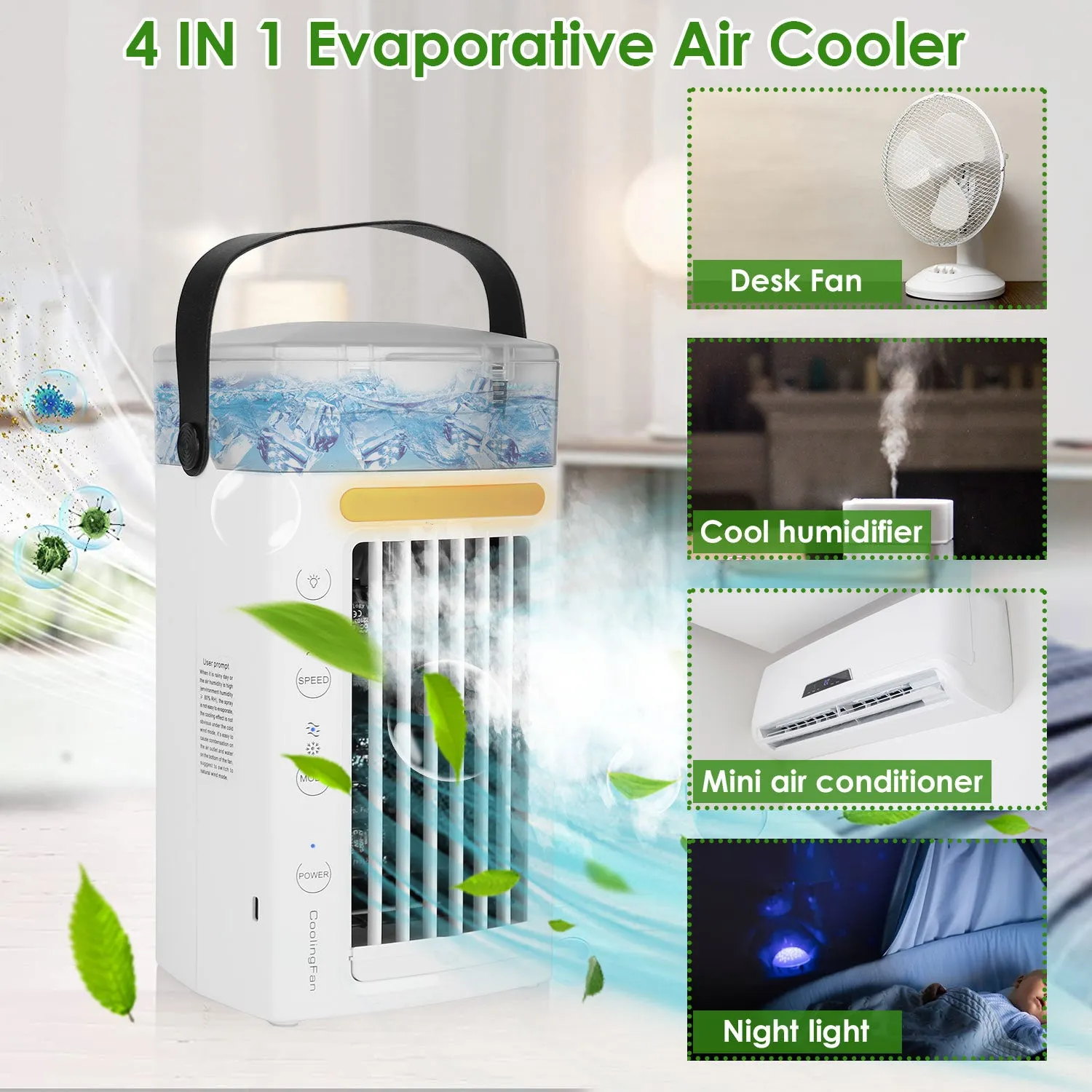 4-in-1 Evaporative Air Cooler Water Mist Cooling Fan