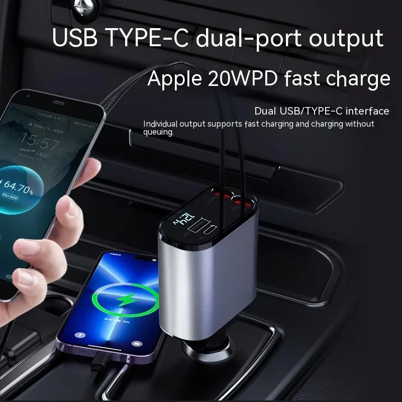 4 in 1 iPhone Galaxy 120W Metal Fast Car Charger | USB And TYPE-C Adapter