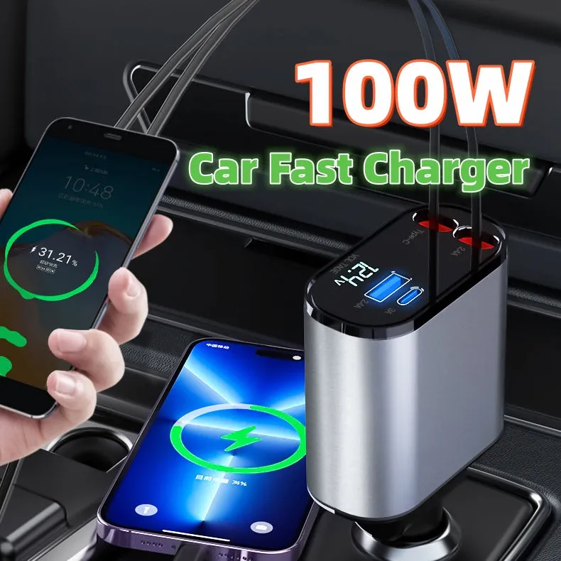 4 in 1 iPhone Galaxy 120W Metal Fast Car Charger | USB And TYPE-C Adapter