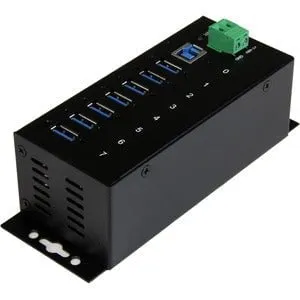 7 Port Industrial USB 3.0 Hub - 15kV ESD and 350W Surge Protection - DIN Rail / Surface Mountable Metal Housing - Wide-range 7-48V DC Terminal Block Power Input
