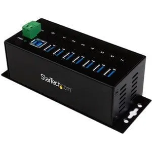 7 Port Industrial USB 3.0 Hub - 15kV ESD and 350W Surge Protection - DIN Rail / Surface Mountable Metal Housing - Wide-range 7-48V DC Terminal Block Power Input