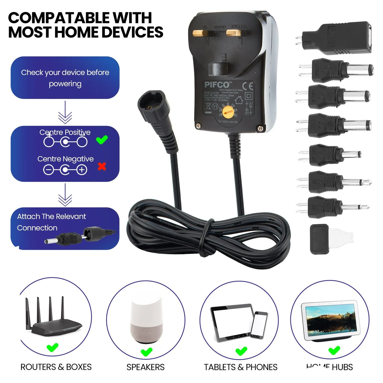 AC/DC Power Supply Multi Adaptor With USB - 1500mA