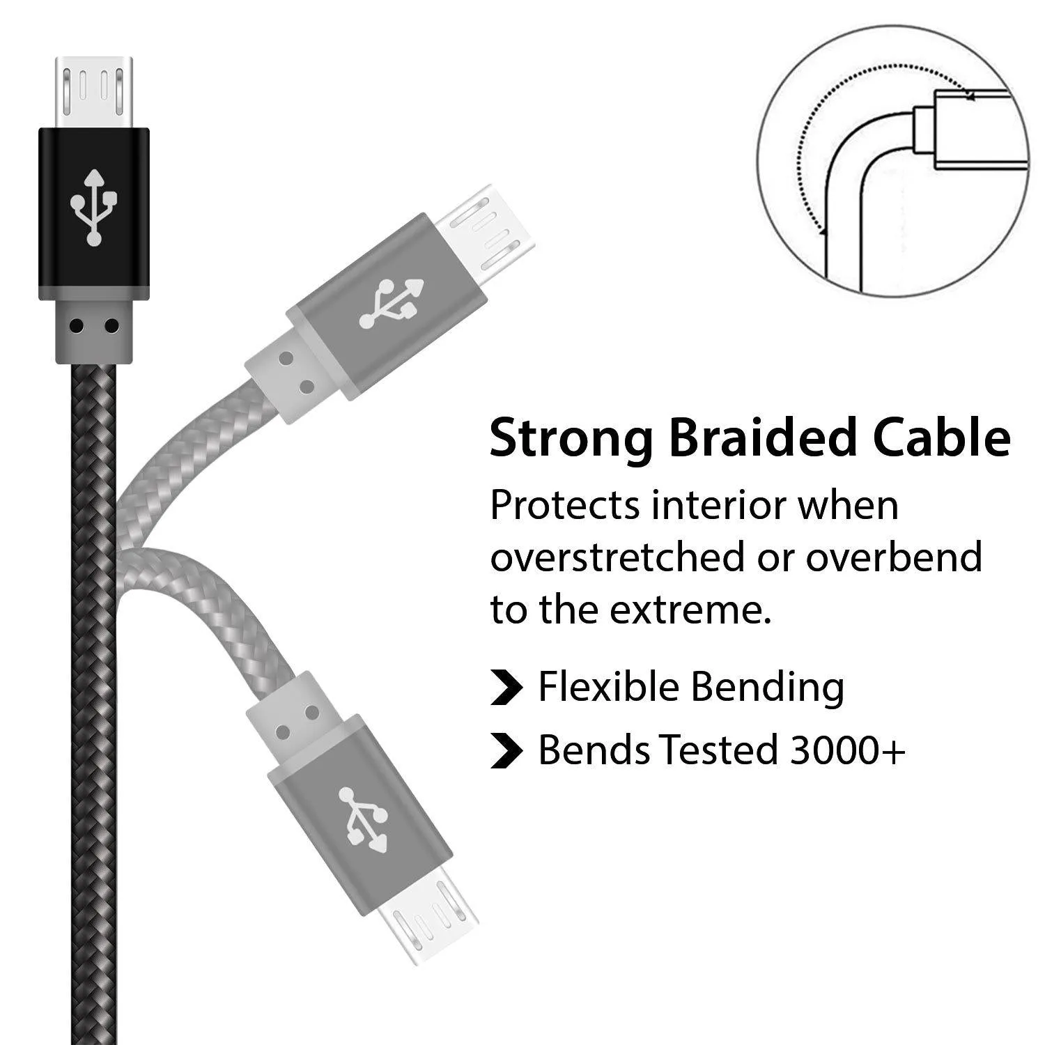 Braided Premium Quality Micro USB Cable Black for Data Sync and Charging