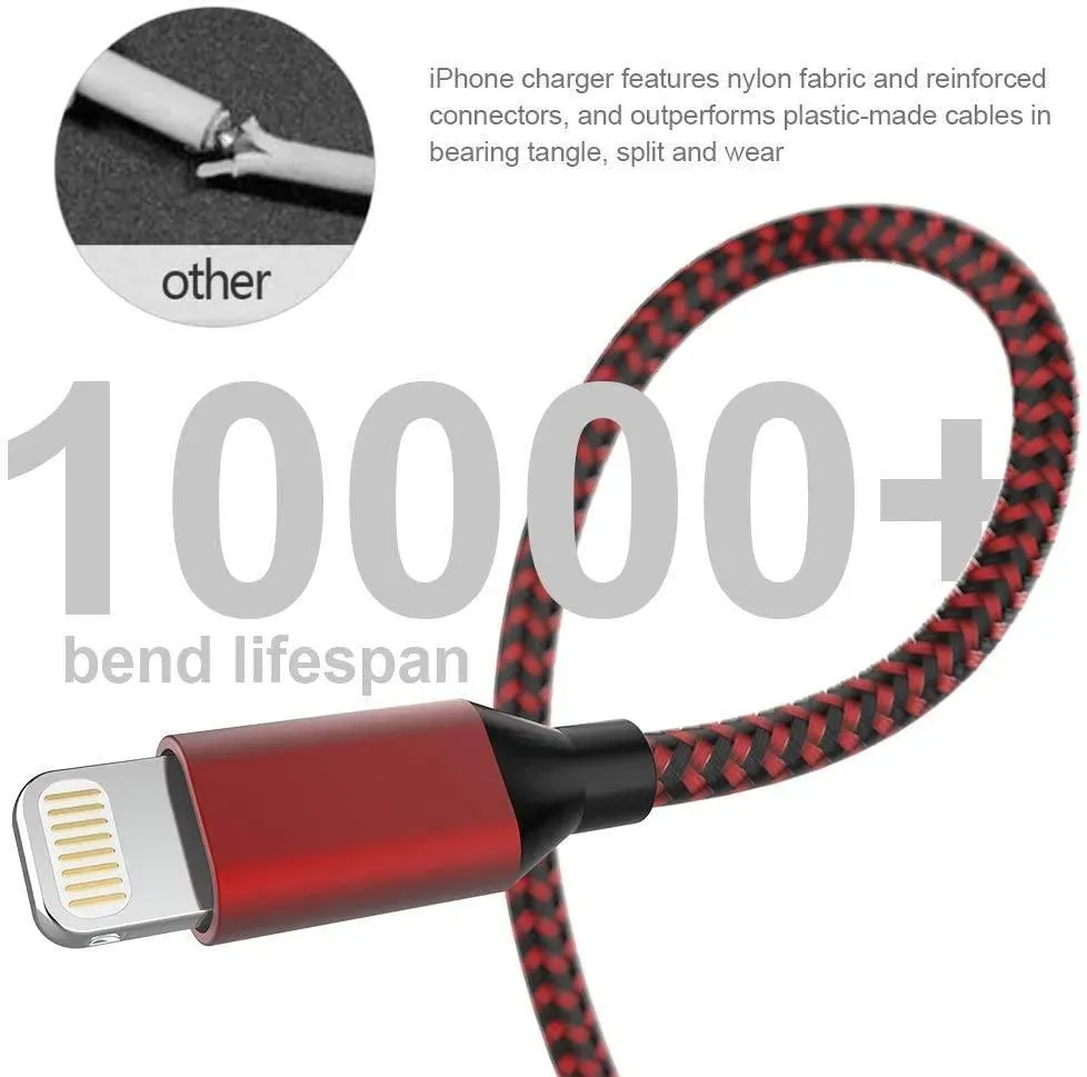 Charger Compatible for Iphone Cable Bundle 3 Pack ( 5 FT Cables) Silver , Red , Pink