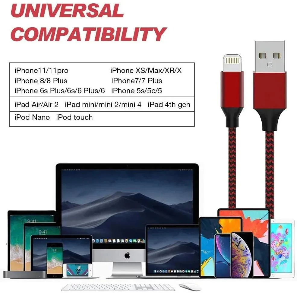 Charger Compatible for Iphone Cable Bundle 3 Pack ( 5 FT Cables) Silver , Red , Pink