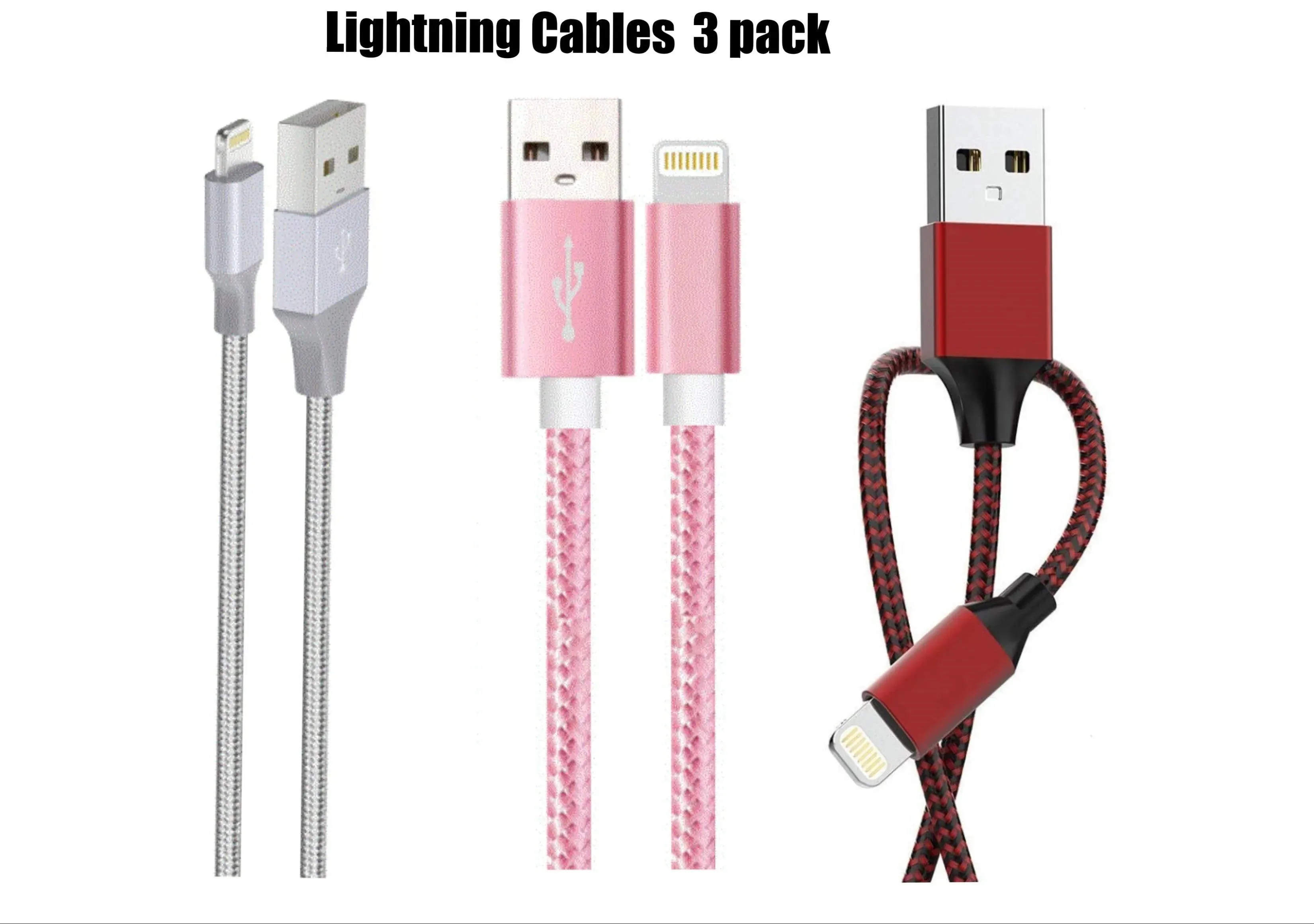 Charger Compatible for Iphone Cable Bundle 3 Pack ( 5 FT Cables) Silver , Red , Pink