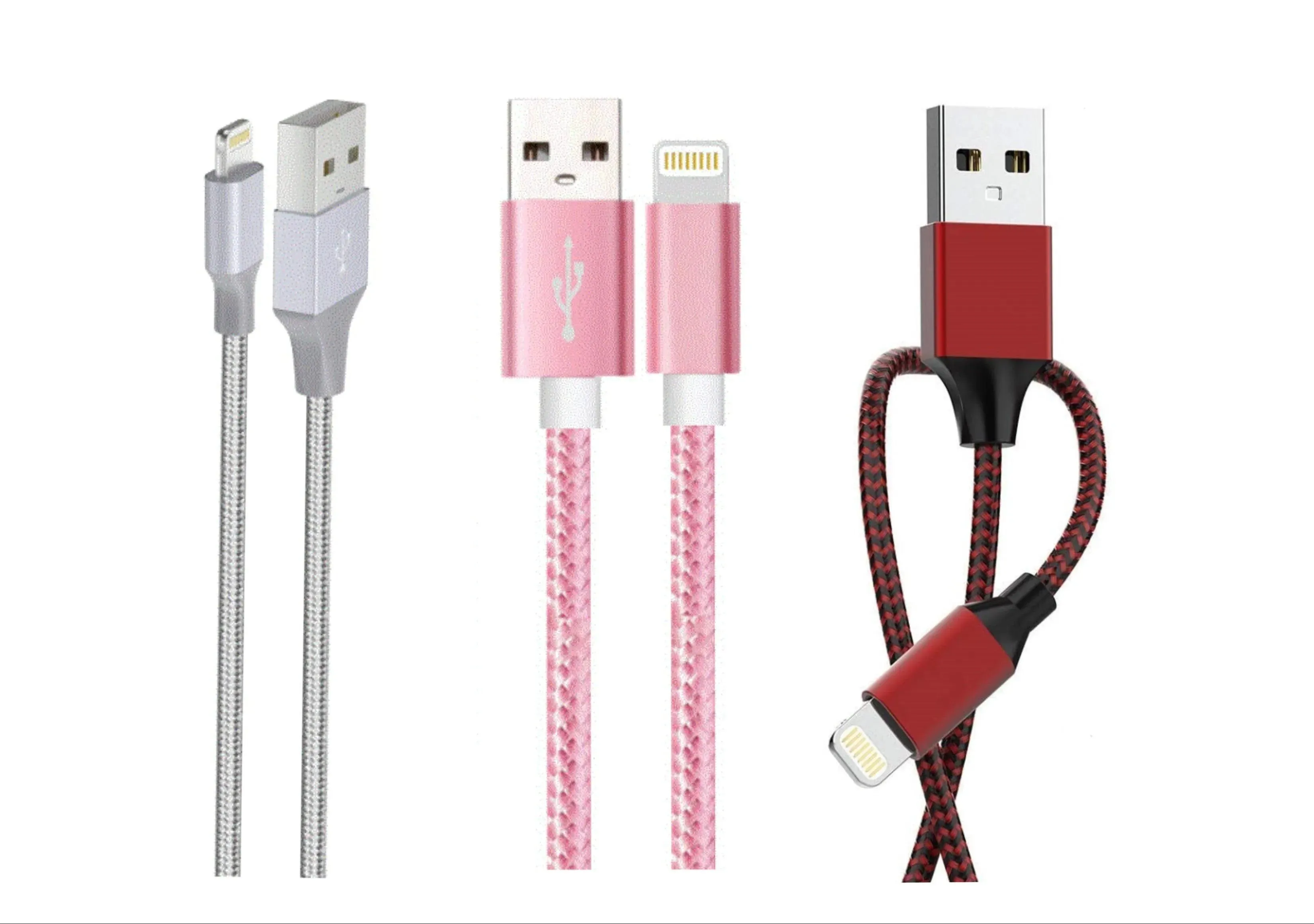 Charger Compatible for Iphone Cable Bundle 3 Pack ( 5 FT Cables) Silver , Red , Pink