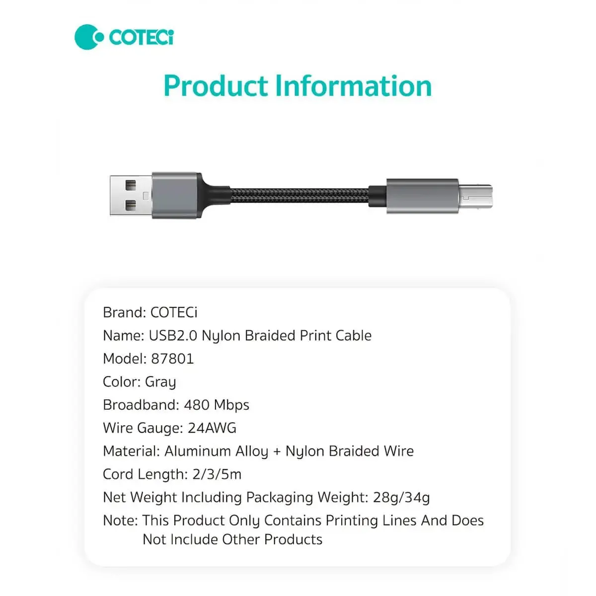 COTECi Nylon Braided USB 2.0 Printer Cable 3M - 87801