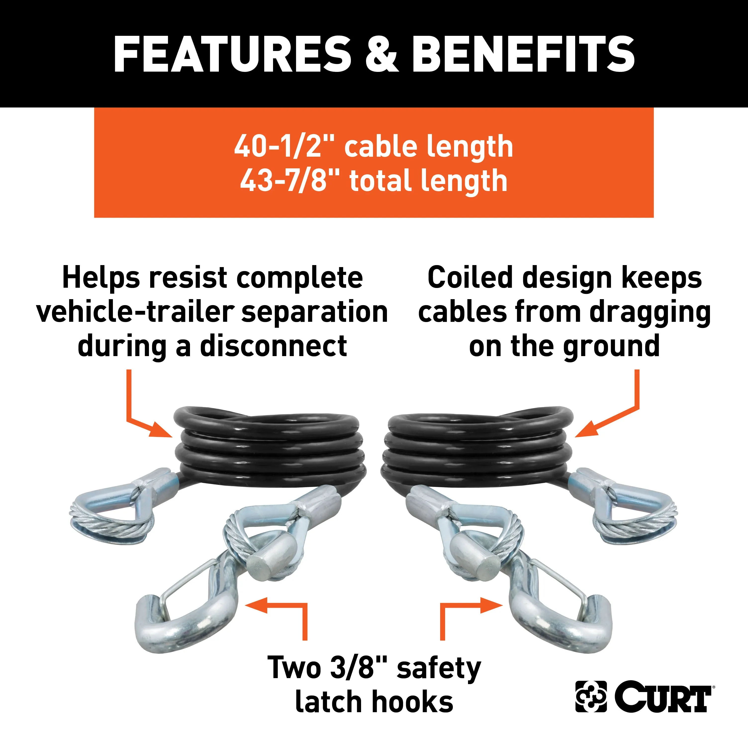 CURT 80136 43-7/8in. Safety Cables with 2 Snap Hooks (3;500 lbs; Vinyl-Coated; 2-Pack)