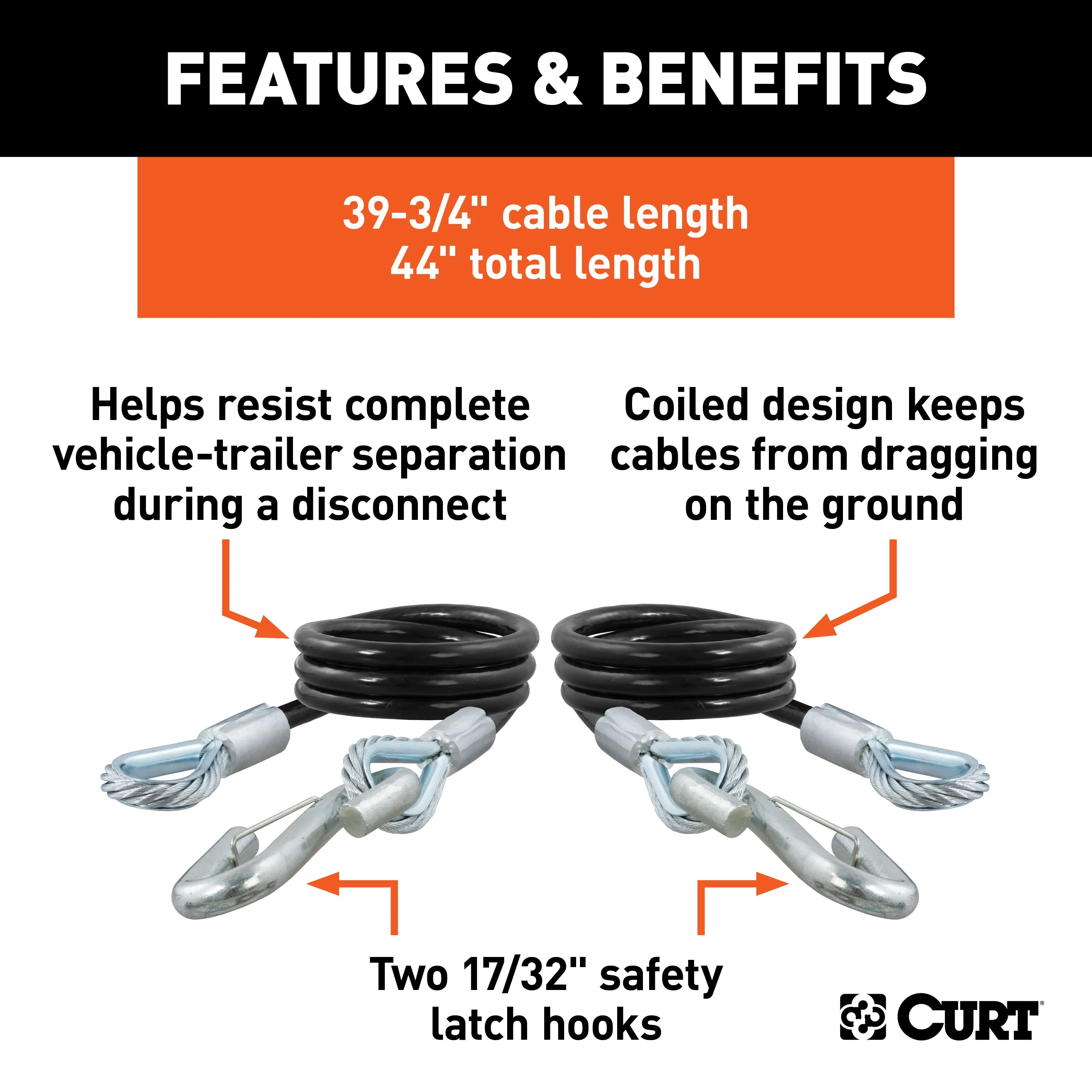 CURT 80176 44in. Safety Cables with 2 Snap Hooks (7;500 lbs; Vinyl-Coated; 2-Pack)