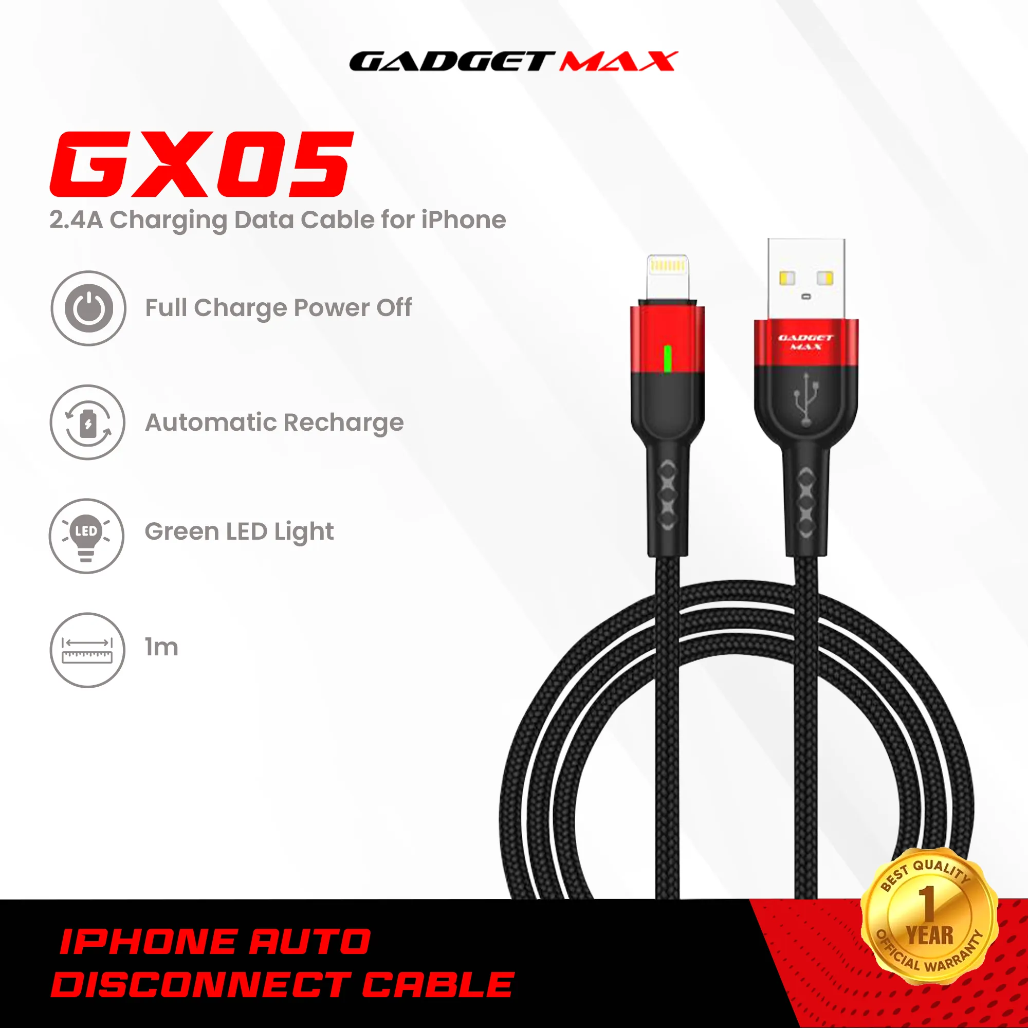 GADGET MAX GX05 lightning Auto Disconnect Data Cable(2.4A) - Black