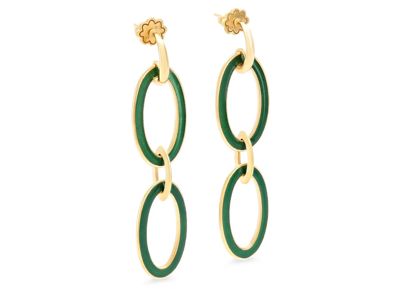 Green Enamel Oval Link Earrings in 18K Gold