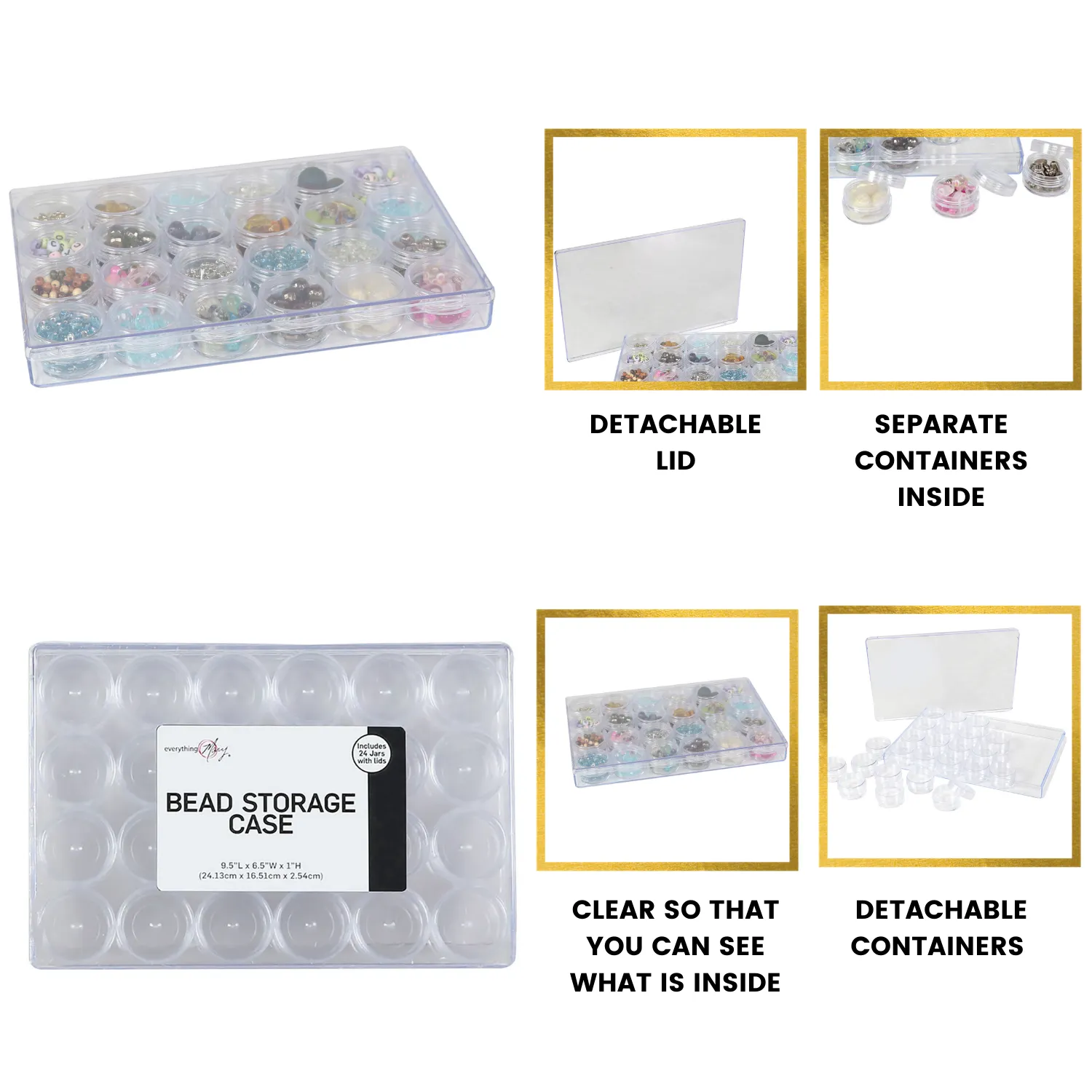 Large Plastic Bead Storage Organizer Box, 24 Jars