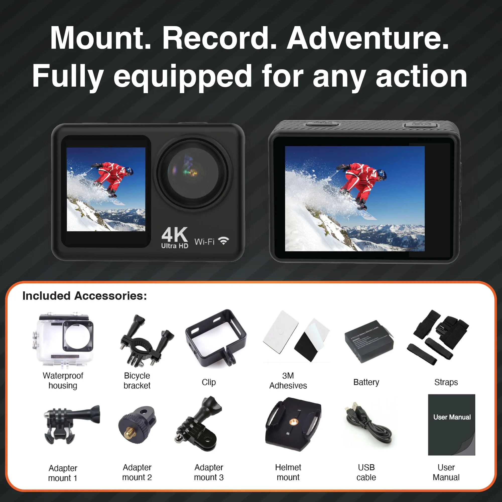 Navig8r 4K Action Camera with Dual Screens (Black)