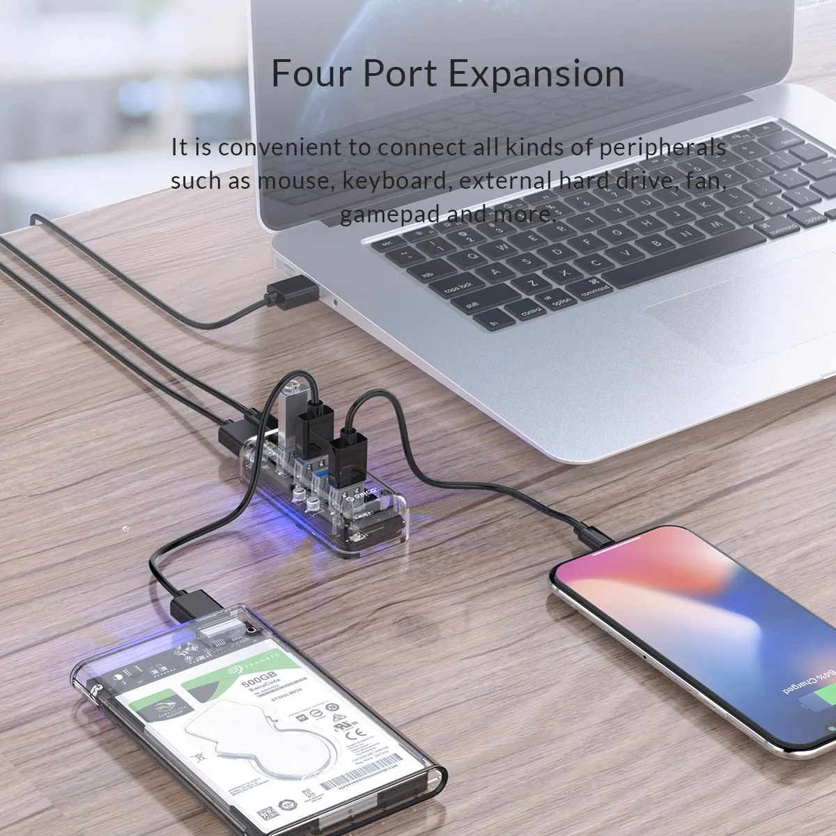 ORICO 4-Port USB 3.0 5Gbps Transparent Hub Adapter with Power Supply Port for PCs, MacBook, iMac, Computer Desktops & Laptops (Windows, MacOS & Linux) USB HUB Extension Docking Station | ORICO-F4U