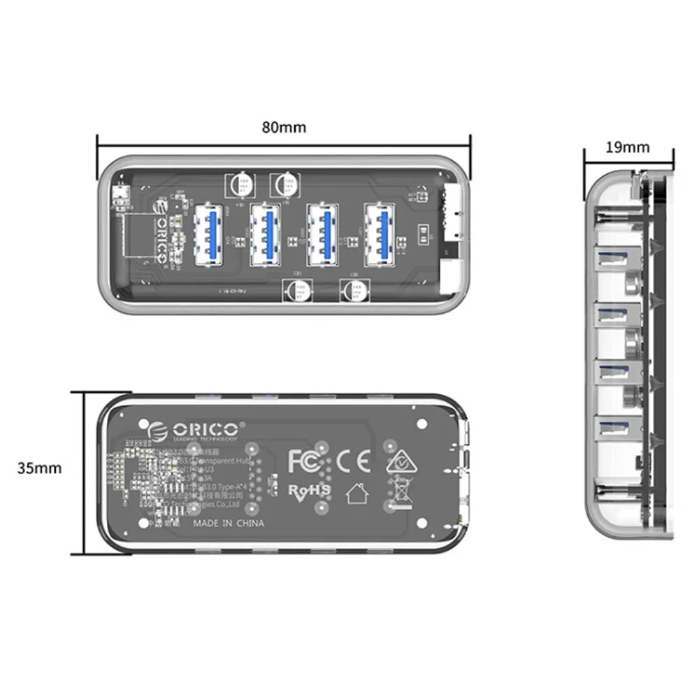 ORICO 4-Port USB 3.0 5Gbps Transparent Hub Adapter with Power Supply Port for PCs, MacBook, iMac, Computer Desktops & Laptops (Windows, MacOS & Linux) USB HUB Extension Docking Station | ORICO-F4U