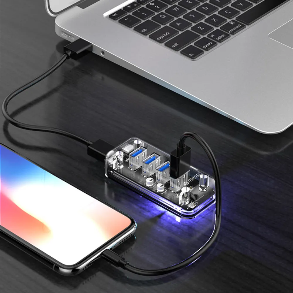 ORICO 4-Port USB 3.0 5Gbps Transparent Hub Adapter with Power Supply Port for PCs, MacBook, iMac, Computer Desktops & Laptops (Windows, MacOS & Linux) USB HUB Extension Docking Station | ORICO-F4U