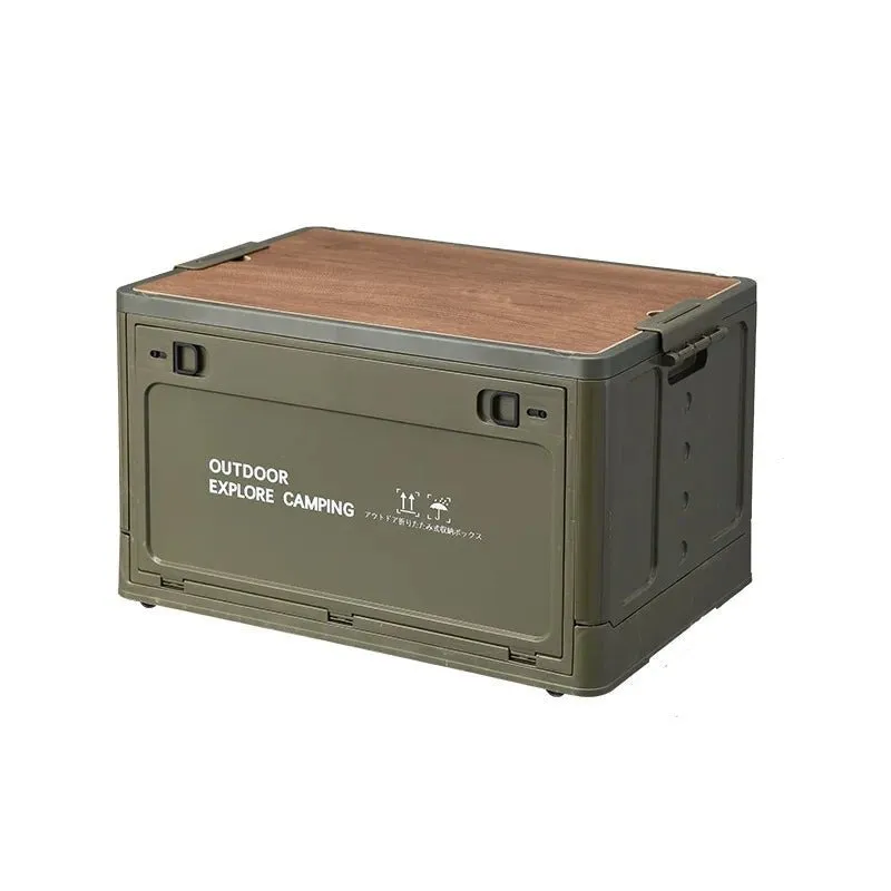 Outdoor Camping Folding Tourist Table Storage Box -  Wooden Lid Storage Organizer