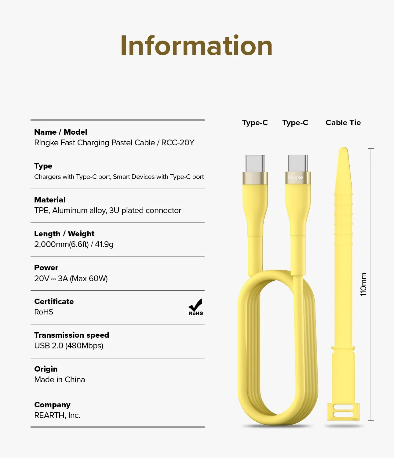 Ringke Fast Charging Pastel Cable USB Type-C to Type-C - Yellow (2m)