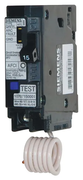 Siemens QA115AFC Circuit Breaker, AFCI, Combination, 15 A, 1 -Pole, 120/240 V, Fixed Trip, Plug Mounting, Black :EA: QUANTITY: 1