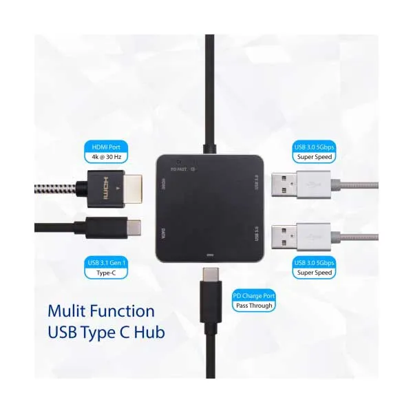 SYBA SD-HUB50115 USB 3.1 Gen 1 Type-C Multi-Function Hub with USB 3.0, USB 3.1 Gen 1, 4K HDMI, and PD Charging Ports