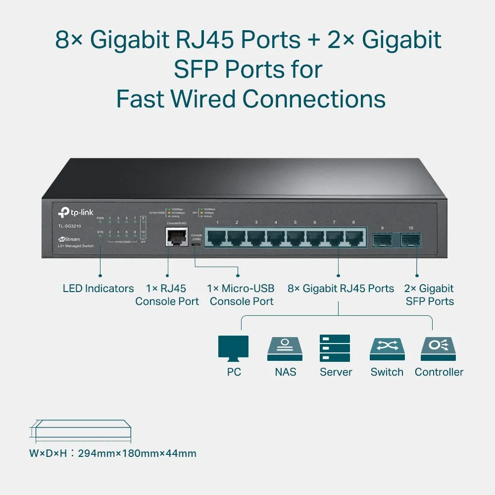 TP-Link TL-SG3210 8-Port Gigabit L2  Managed Switch with 2 SFP Slots, 8x RJ45 Ports, Micro USB Console Port, Integration with Omada SDN Controller, Static Routing, IGMP Snooping, 802.1p/DSCP QoS, SNMP, Dual Image, IPv6