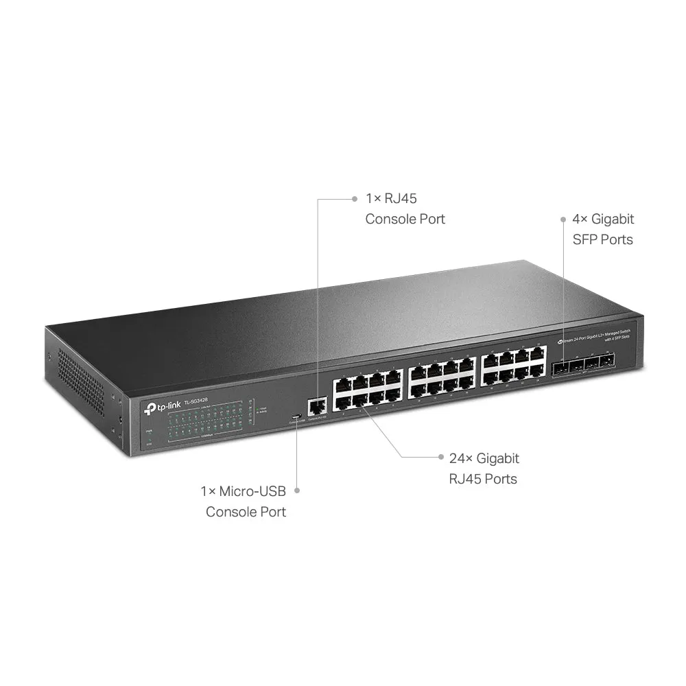 TP-Link TL-SG3428 24-Port Gigabit L2  Managed Switch with 4 SFP Slots, 24x RJ45 Ports, Micro USB Console Ports, Integration with Omada SDN Controller, Static Routing, IGMP Snooping, 802.1p/DSCP QoS, SNMP, Dual Image, IPv6