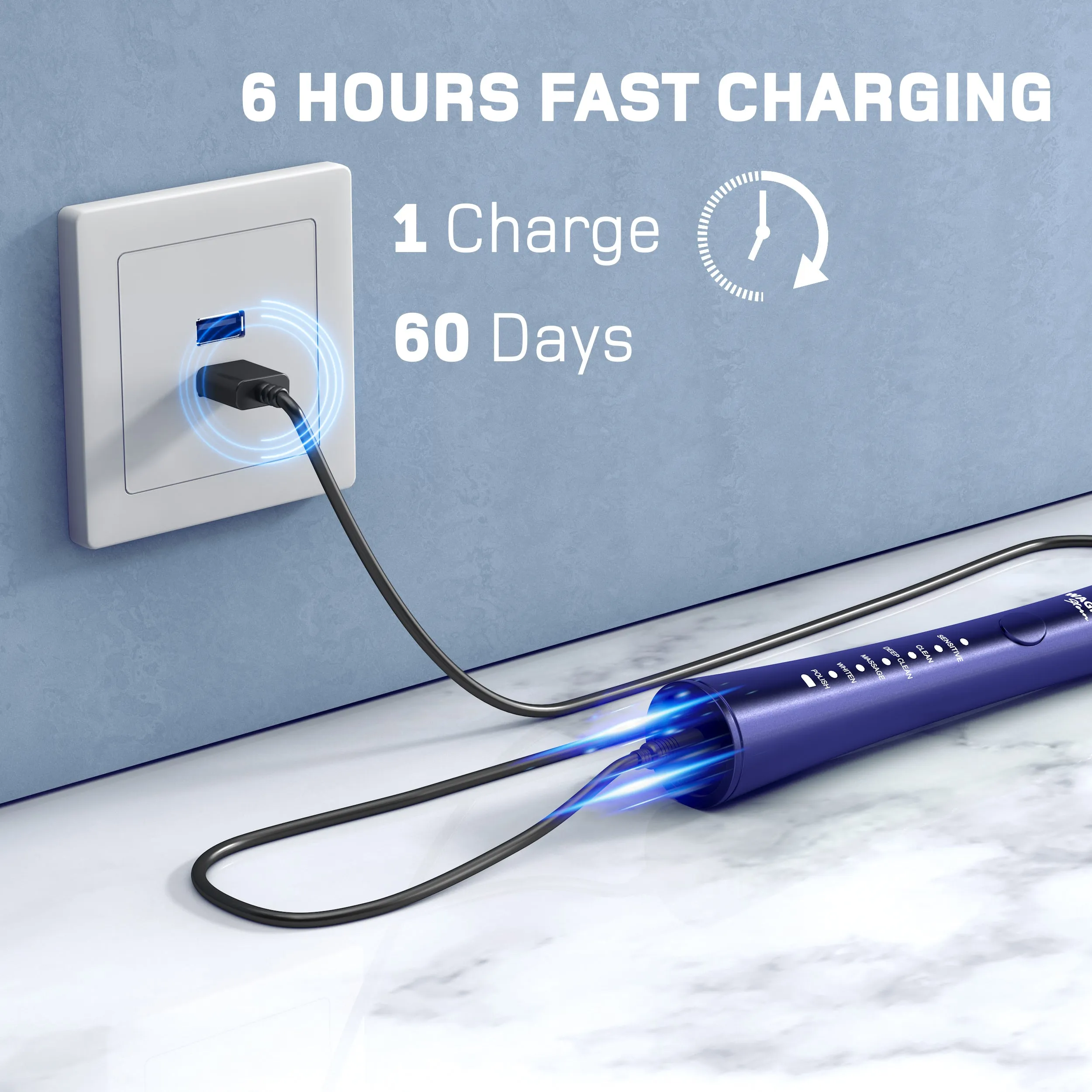 Wagner & Stern ultrasonic whitening Electric Toothbrush with 8 Charcoal Black Brush Heads. for Fresh Breath & Healthy Smile. (Blue)