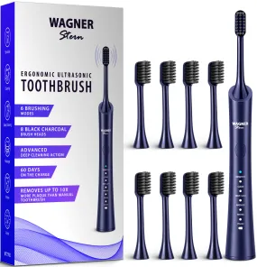 Wagner & Stern ultrasonic whitening Electric Toothbrush with 8 Charcoal Black Brush Heads. for Fresh Breath & Healthy Smile. (Blue)